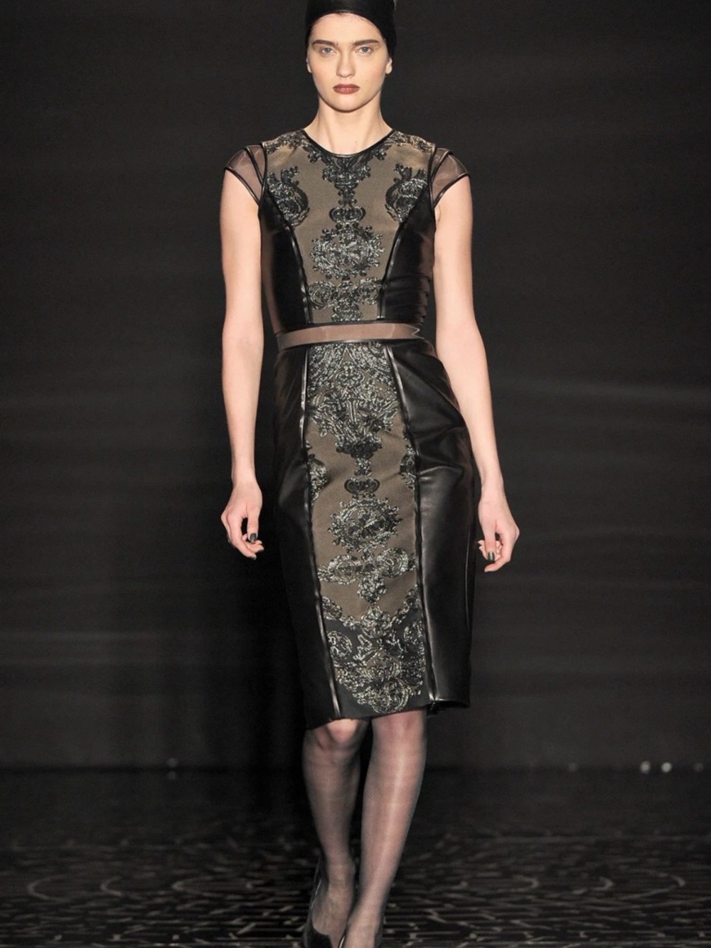 Pamella Roland Black and Tan Embroidered Midi Sheath Dress